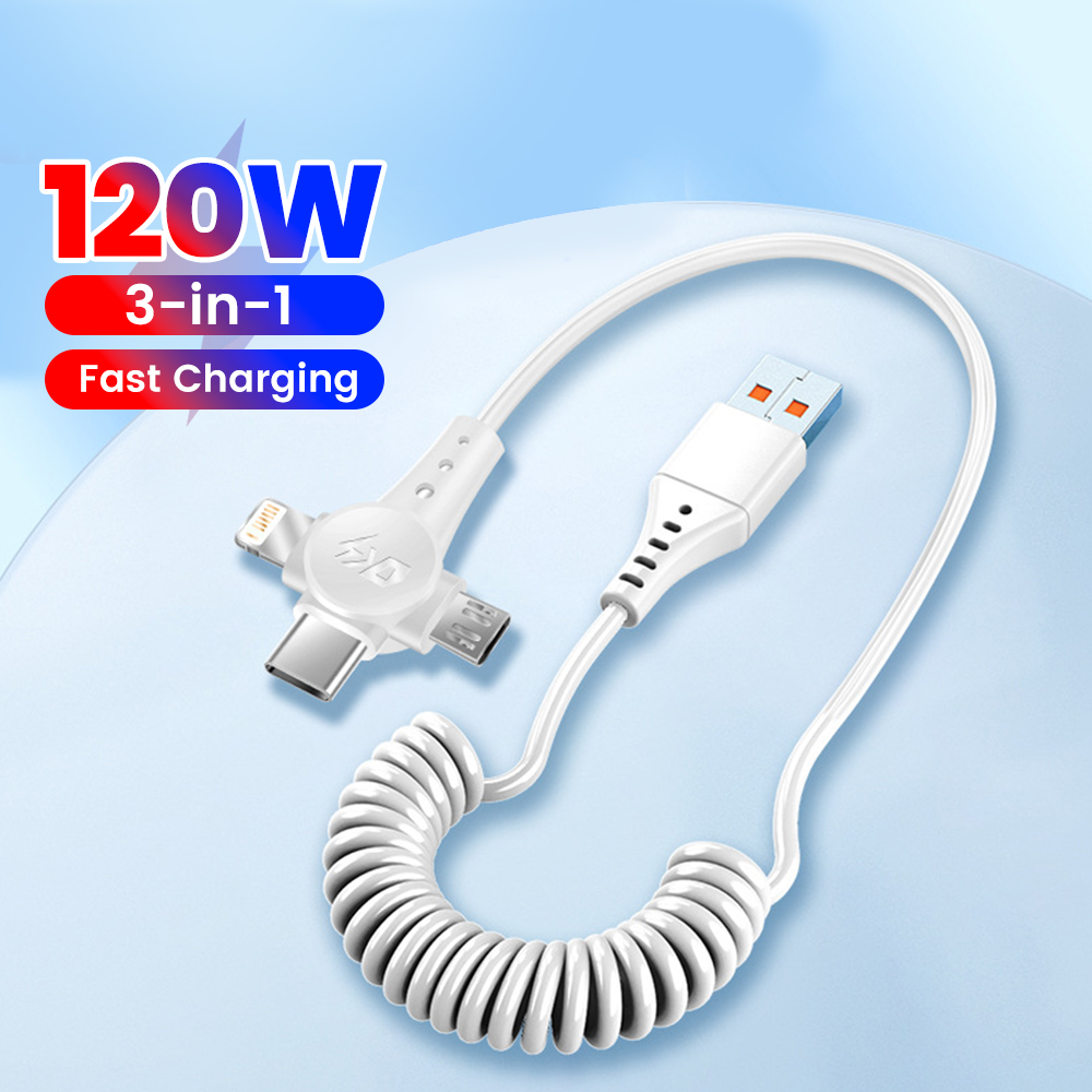 120W 3-in-1 Mobile phone fast charging data cable For iPhone Huawei Xiaomi Super fast charging spring retractable data cable