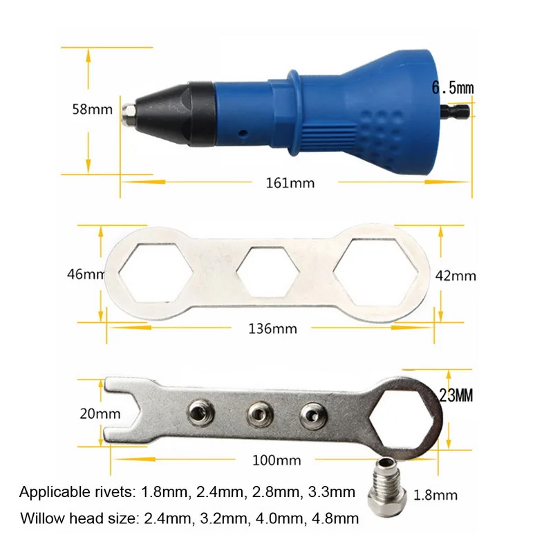 Elétrica Rivet Nut Gun Ferramenta de rebitagem Adaptador de broca de rebitagem sem fio Insert Riveting Drill Adapter, Nut Tool Acessórios