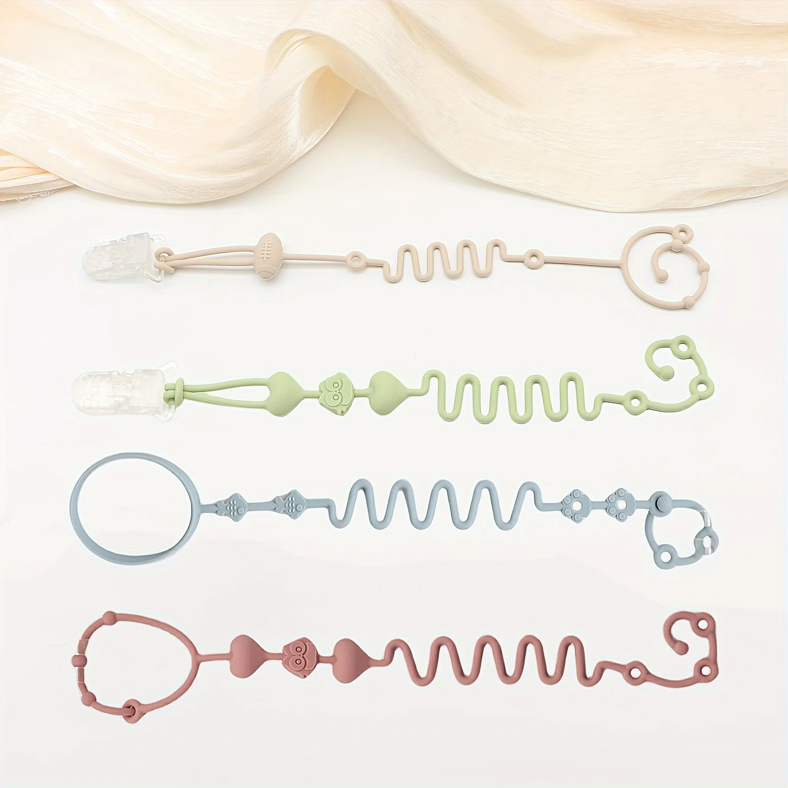 4 ชิ้นซิลิโคน Pacifier Chain, ของเล่นยางกัด, เหมาะสําหรับเก้าอี้สูง, เปล, ของขวัญเด็ก, สีเบจ