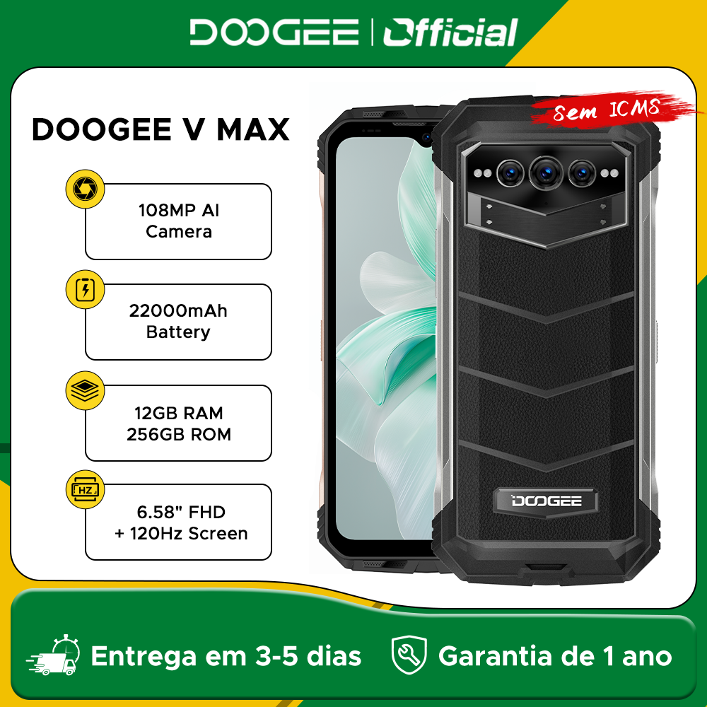 Doogee v max 5g telefone robusto 22000mah celular 12gb 256gb 108mp ai câmera principal telefone 6.58 "fhd + 120hz dimensão 1080 hi-res
