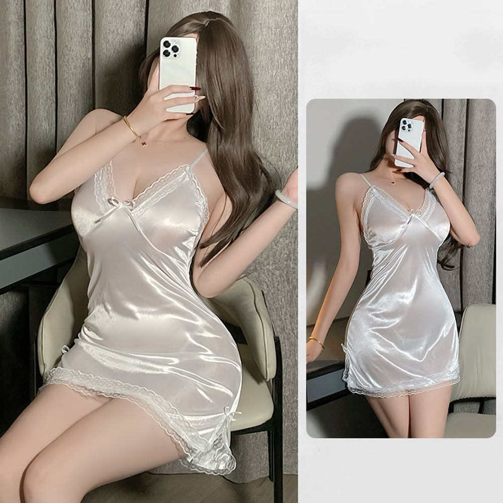セクシーなランジェリーの女性サテンサスペンダー寝間着 Tバックパジャマ薄いレーススリット弓シングレットドレステディボディスーツセクシーな衣装