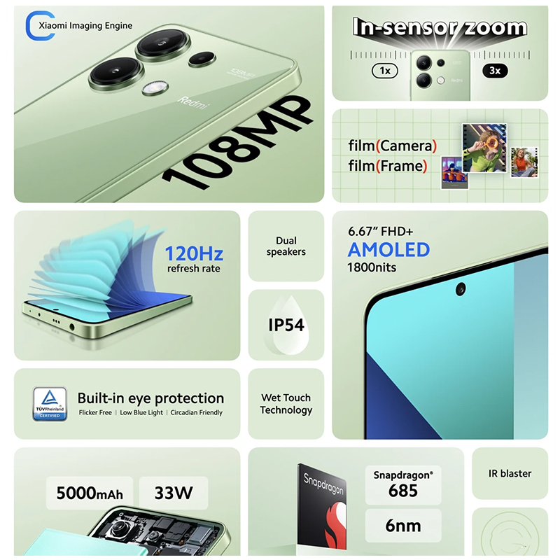 Xiaomi redmi note 13 globale version 128gb/256gb snapdragon 6.67 120 "amoled display hz hintere haupt kamera mp schnell aufladen 33w nfc