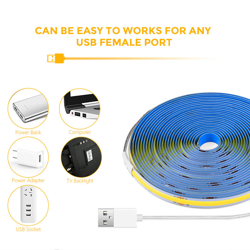 Tira de luces LED COB, 5V, iluminación lineal de alta densidad, interruptor de presión, cinta LED Flexible RA90 para decoración de gabinete y sala de estar