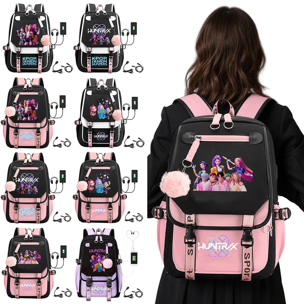 KPop Demon Hunters Büchertasche Student Anime Kawaii Schultaschen USB-Laderucksack Teenager Große Kapazität Slayer Rucksack