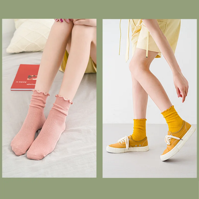 1/3/5 Pairs Women‘s Lace Trim Ruffle Socks Cotton Stacked Socks Mid Calf Solid Color Kawaii Vintage Princess Socks Spring Autumn