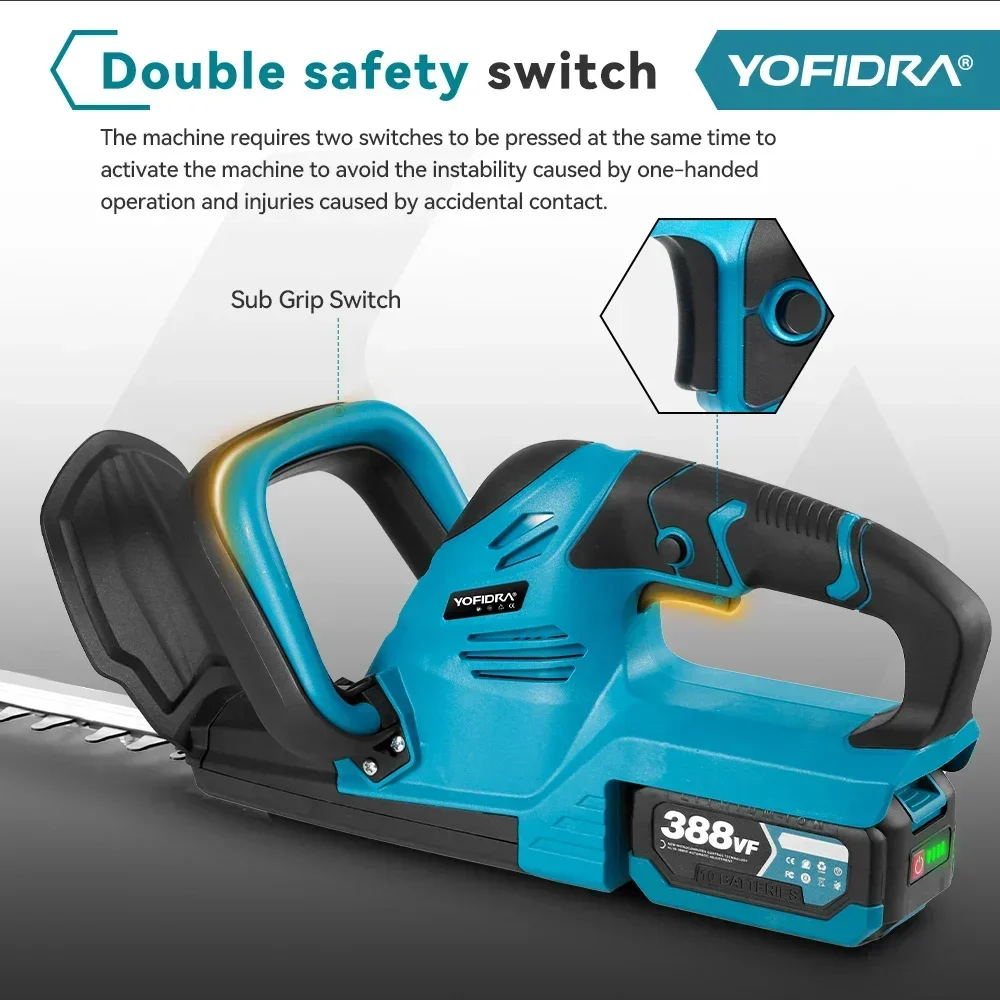 Cortasetos eléctrico YOFIDRA de 2000W, herramientas eléctricas de poda de arbustos de jardín recargables inalámbricas eficientes para batería Makita de 18V