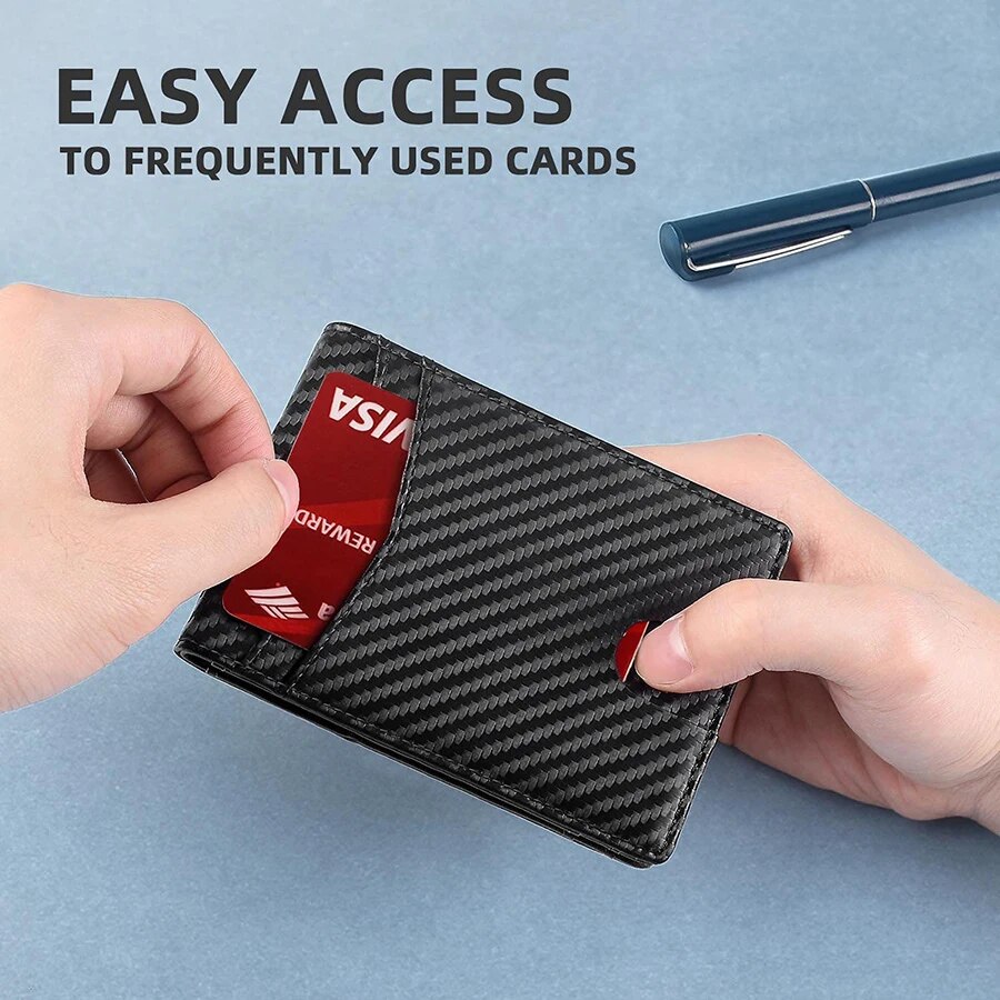 ANTI RFID Blocking สีดําคาร์บอนไฟเบอร์กระเป๋าสตางค์ผู้ชายสั้นขนาดเล็กป้องกัน Magic หนัง ID บัตรเครดิตผู้ถือกระเป๋าสตางค์สําหรับชาย