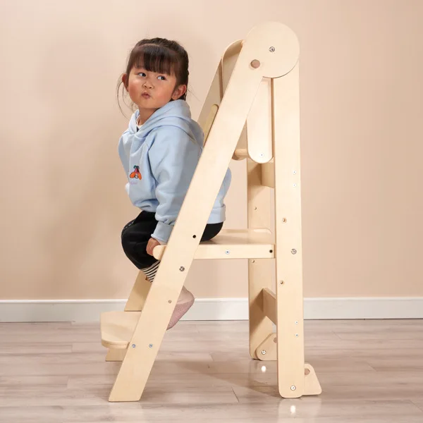 Torre de aprendizaje plegable, taburete de mano y pie para bebé, mesa de lavado para niños, taburete con reposabrazos ajustable de madera maciza