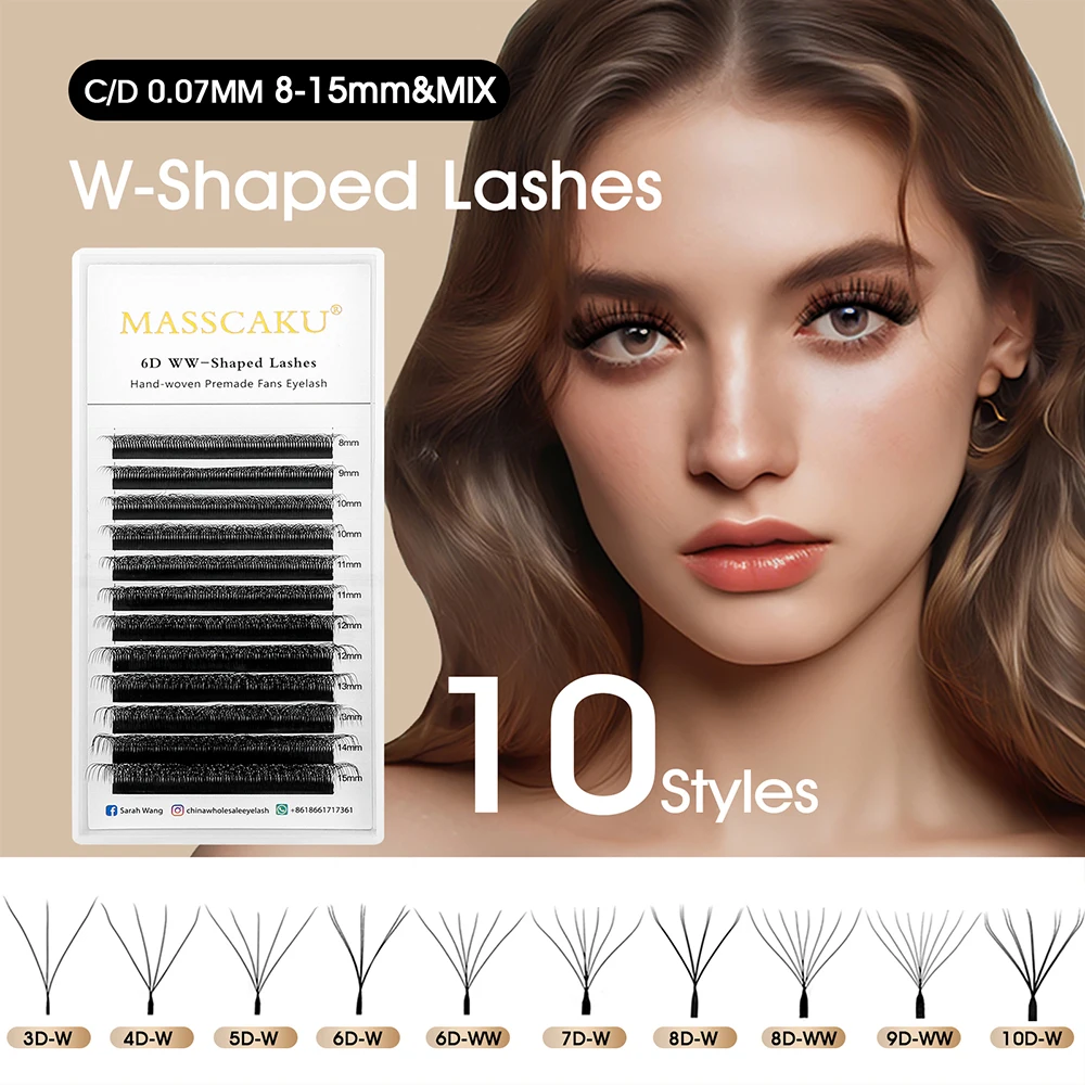 12 Rows MASSCAKU Soft Long-lasting 3D/4D/5D W Design Lash C/D Curl 0.07mm Thickness 3D Effect Handmade W Style Eyelash Supplies