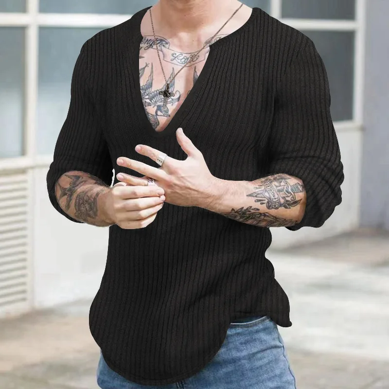 Otoño Invierno, suéteres casuales de moda con cuello en V para hombre, suéteres de punto de manga larga de Color sólido que combinan con todo, jerséis para caballero, Top