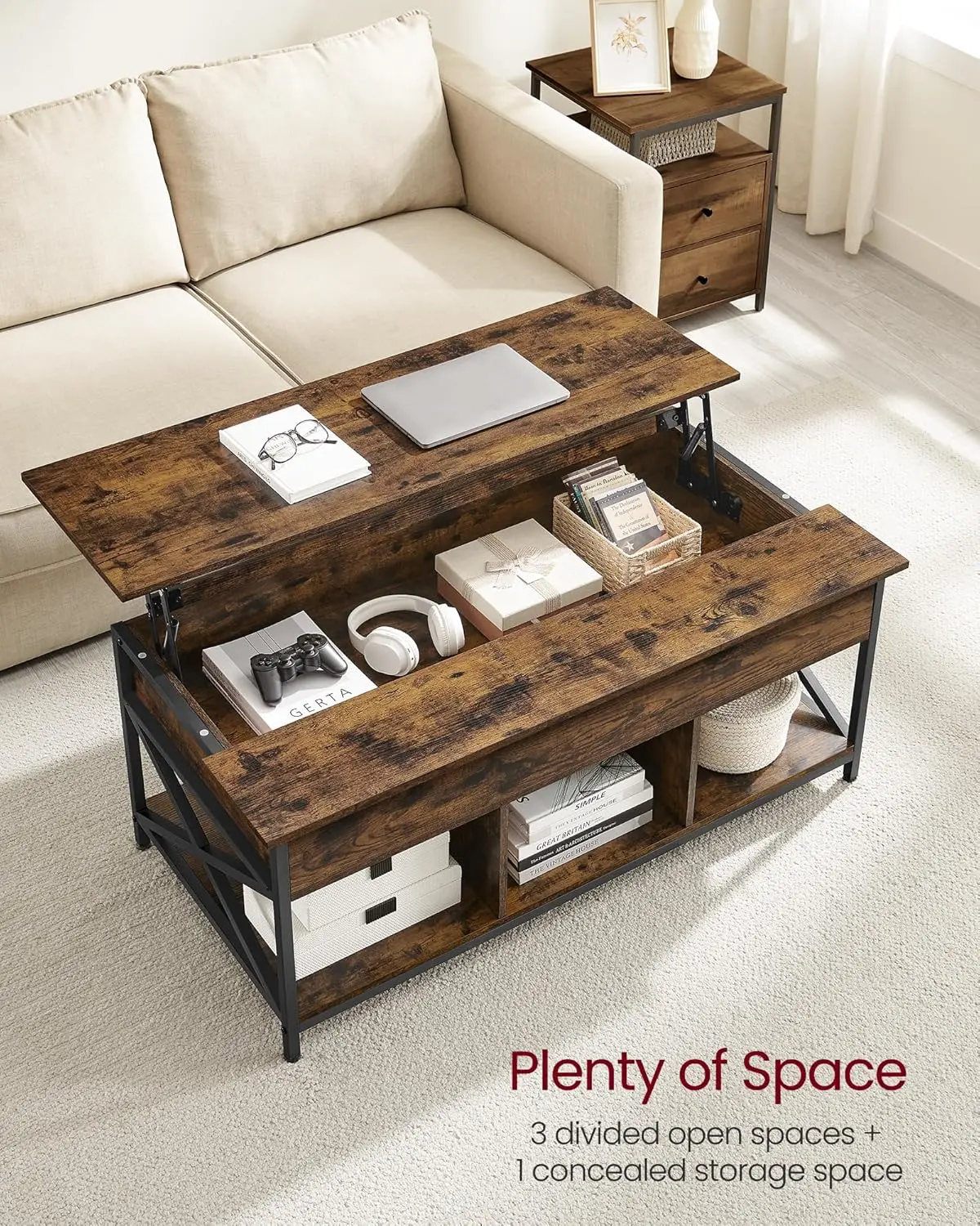 VASAGLE Coffee Table, Lift-Top Table Coffee Table for Living Room, Coffee Table with Open and Hidden Storage, X-Shaped Bars