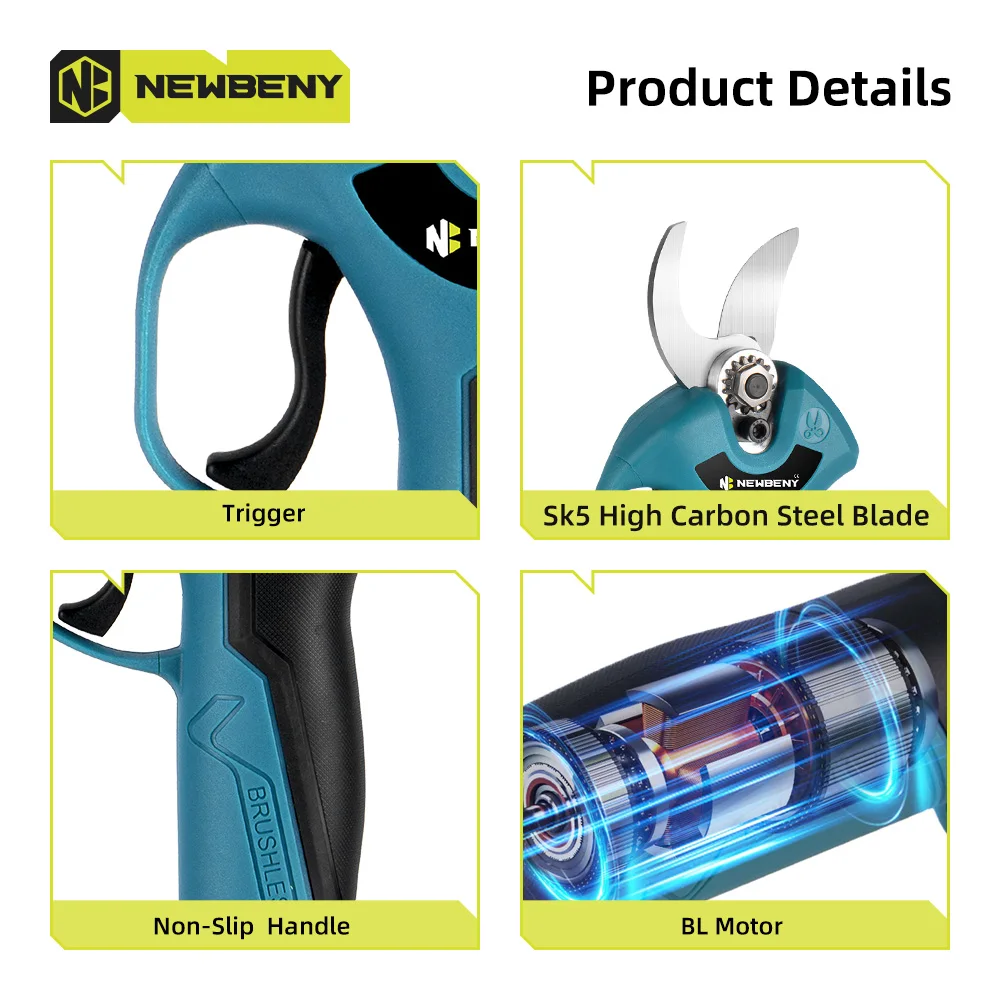 NEWBENY 30mm cisaille électrique sans brosse 4 vitesses ciseaux électriques verger arbustes branche outil d'élagage pour batterie 18V