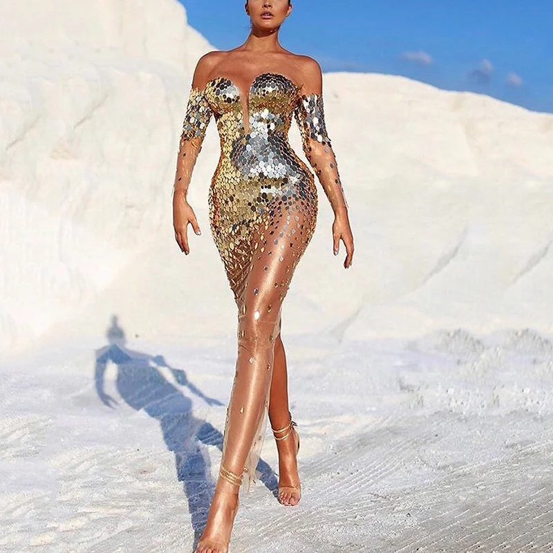Vestidos sexys de un hombro para mujer, vestido de noche para fiesta de cumpleaños, manga larga, lentejuelas góticas, ropa elegante para damas