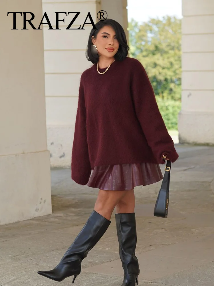 TRAFZA ฤดูหนาวผู้หญิง Burgundy เสื้อแขนยาวลําลอง O-คอหลวม Fluffy Fuzzy เสื้อกันหนาวจัมเปอร์หญิงแฟชั่นถักเสื้อ