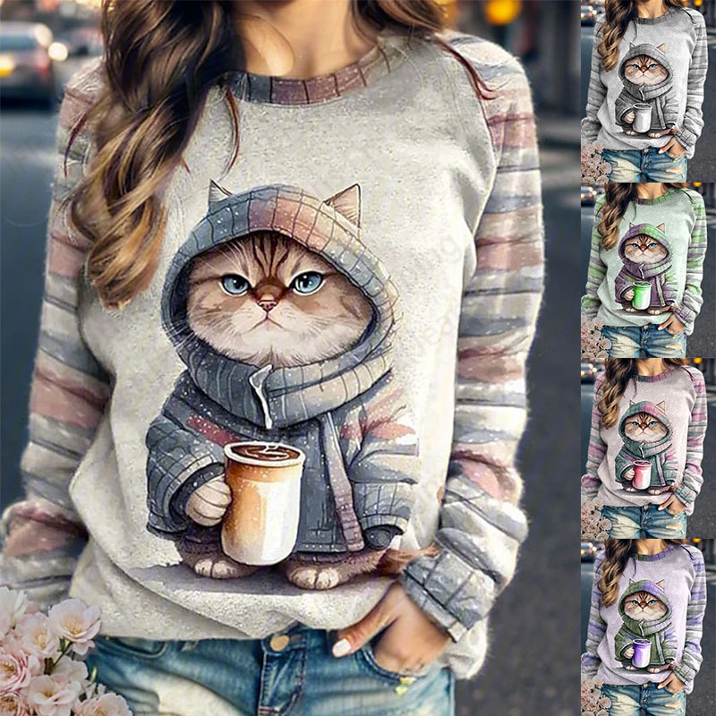 Kaffee Katze 3d Druck Hoodie Frauen Mode Rundhals Casual Hoodies Tier Katze Sweatshirts Mädchen Mäntel Frauen Sweats Weibliche Kleidung