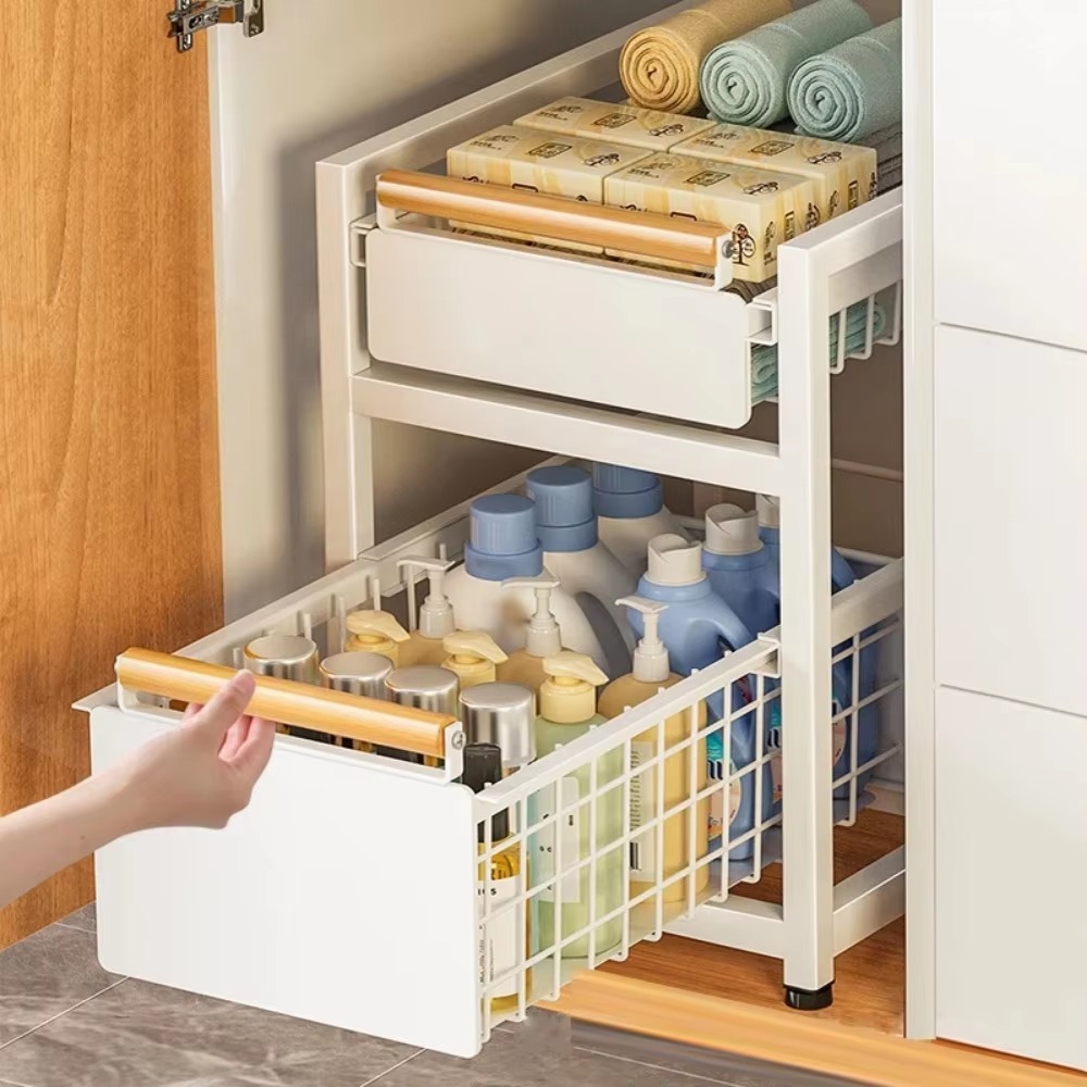 Kitchen Storage Racks Bathroom Layered Storage Cabinet Under Sink Organizer Sliding Pull-Out Drawer Shelf Bathroom Layered Rack