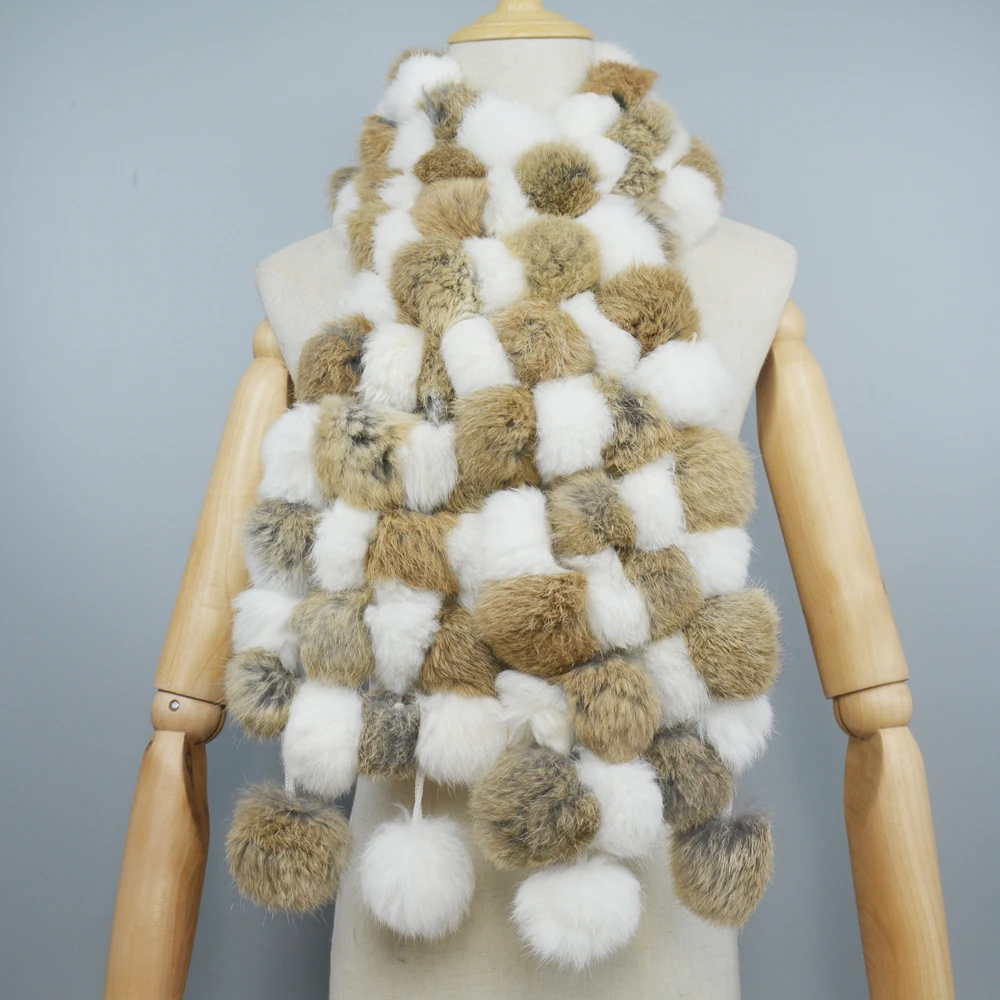 Bufanda de piel auténtica para mujer, bufandas con bolas de piel de conejo Rex auténtica, bufanda de piel cálida a la moda para mujer rusa, colorida, 2025