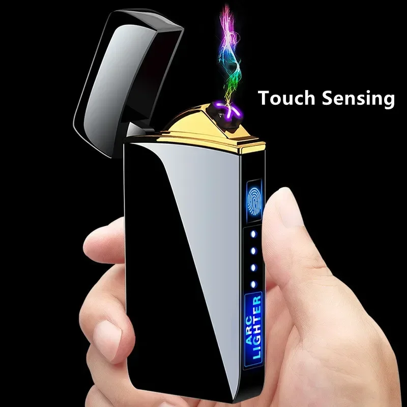Encendedor eléctrico de Metal a prueba de viento, encendedor USB recargable de Plasma sin llama de doble arco, encendedores con Sensor táctil y pantalla LED