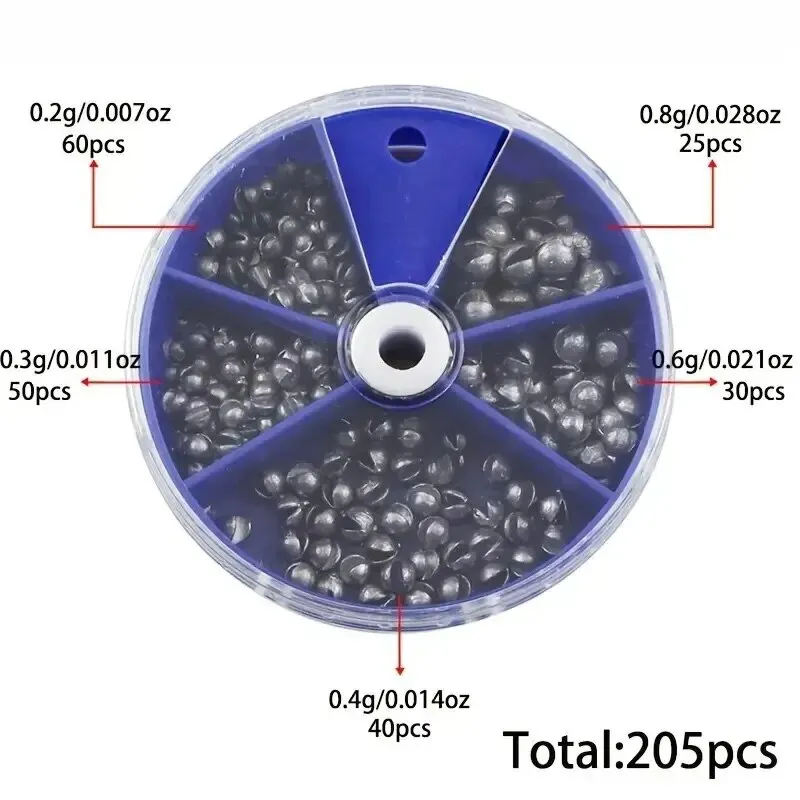 Piombini da pesca in piombo premium da 205 pezzi con comoda scatola di immagazzinaggio - 5 dimensioni rotonde per una lancio accurato e una pesca in acque profonde