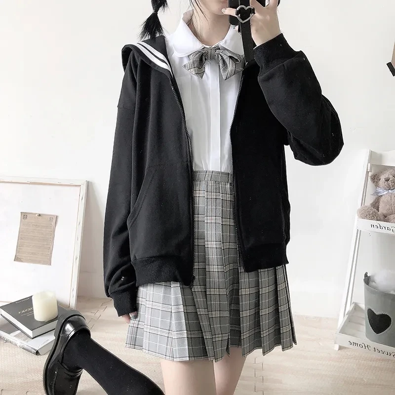 Deeptown Kawaii толстовки на молнии черные японский консервативный стиль толстовки с матросским воротником милые пальто в стиле Лолиты свободный милый топ мягкая девушка