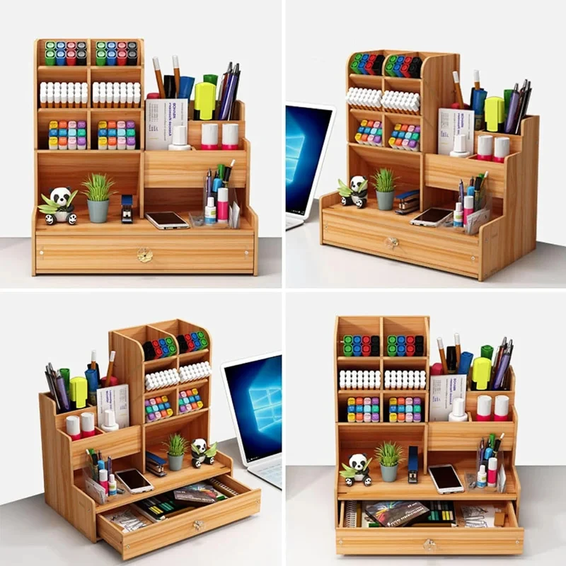 목재 책상 정리함, DIY 탁상용 깔끔한 펜꽂이, 대용량 문구 보관함, 서랍 포함, 가정 사무실 및 학교용