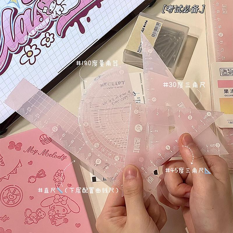 4Pcs Simple Transparent 20cm Ruler Set Student Triangle Ruler Protractor Drawing Tool Set Multi-functional Office Stationery