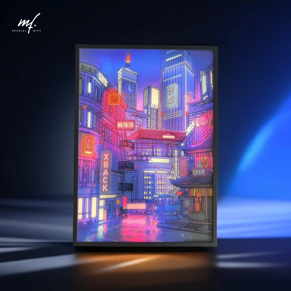 Pintura de luz de estado de ánimo de Ciudad de neón de Arte de Anime LED, imagen HD, bisel estrecho, enchufe usb, atenuación, decoraciones para el hogar, lámpara de noche, regalo