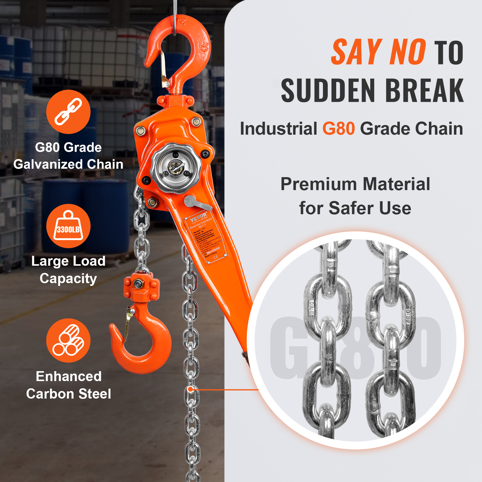 VEVOR Manual Lever Chain Hoist, 0.75/1.5/3/6Ton,10/20 FT Come Along, G80 Galvanized Carbon Steel,Auto Chain Leading, for Garage