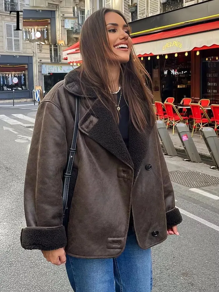 2023 Winter Frauen Warme Jacke Vintage Casual Solide Faux Leder Langarm Mantel Weibliche Windjacke Outwear Revers Tops
