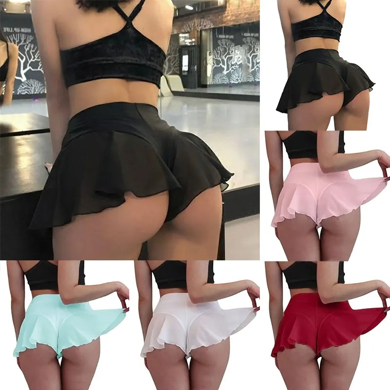 Pantaloncini gonna sexy con volant trasparenti da donna Minigonne trasparenti a vita alta Sport estivi Fitness Yoga Danza Pantaloni caldi S-3XL
