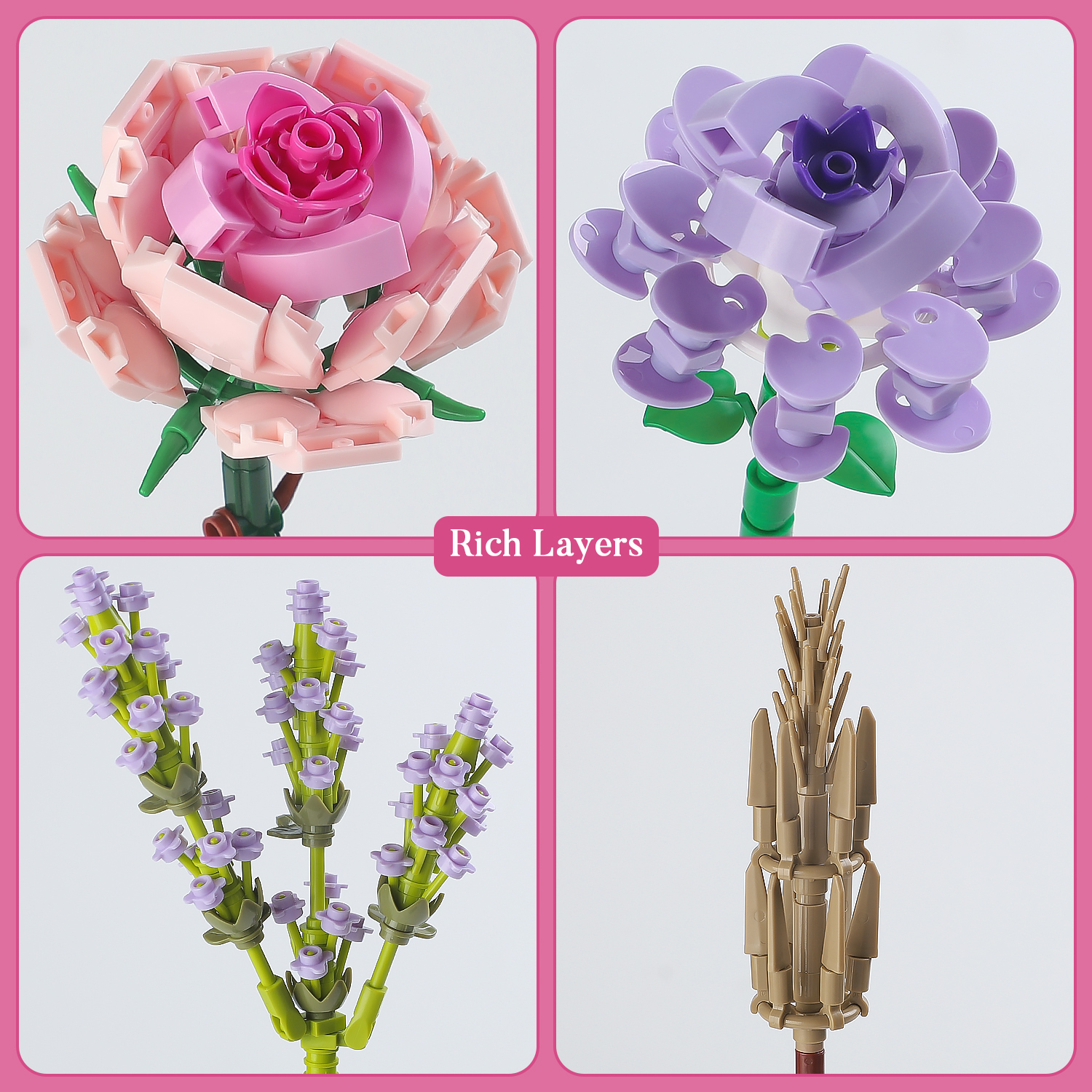 Juego de bloques de 547 de flores, mini lavanda rosa, rosa