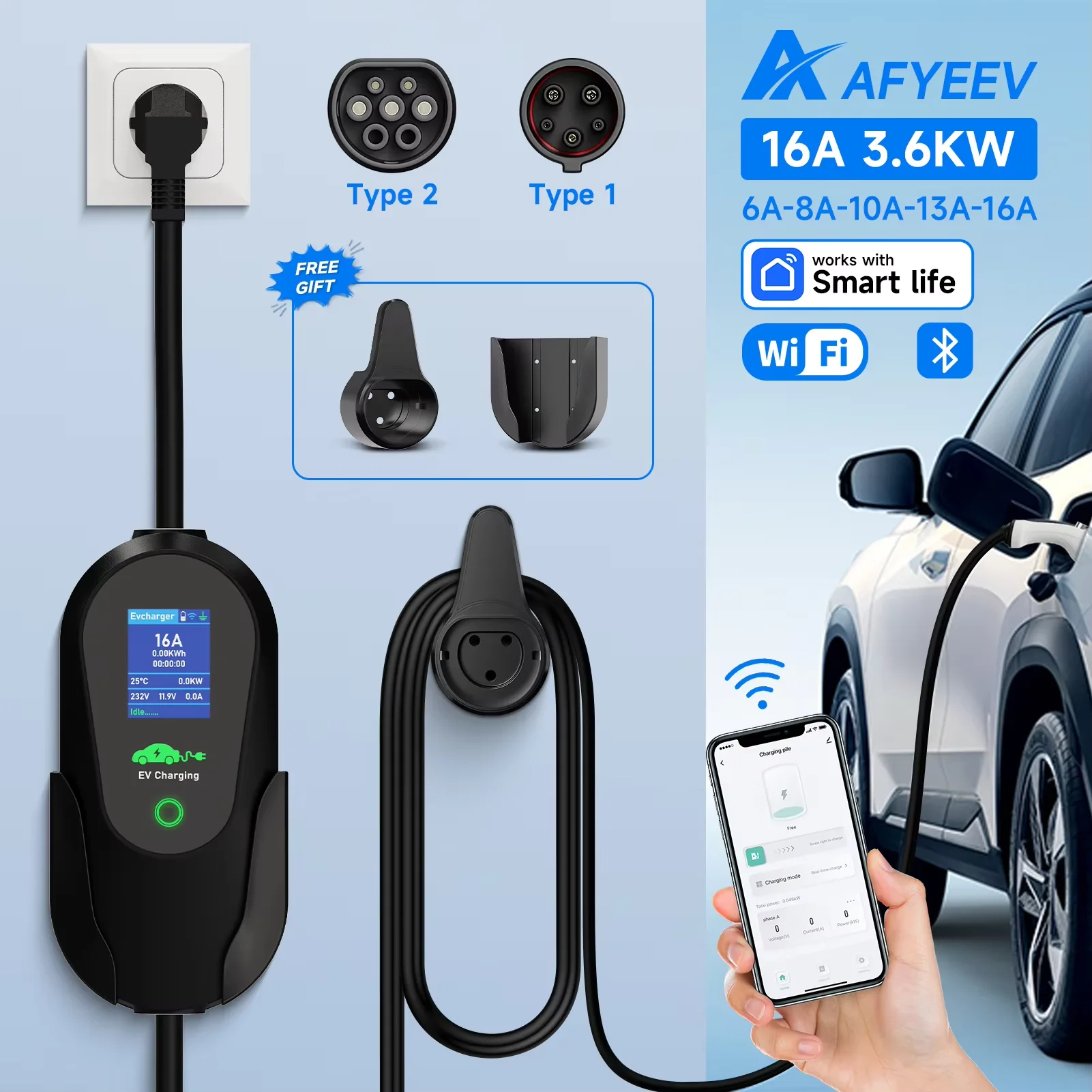 AFYEEV 3600W portátil tipo 2 IEC62196-2 EV cargador Type1 SAE J1772 cargador de coche eléctrico enchufe de la UE WiFi Bluetooth APP Control