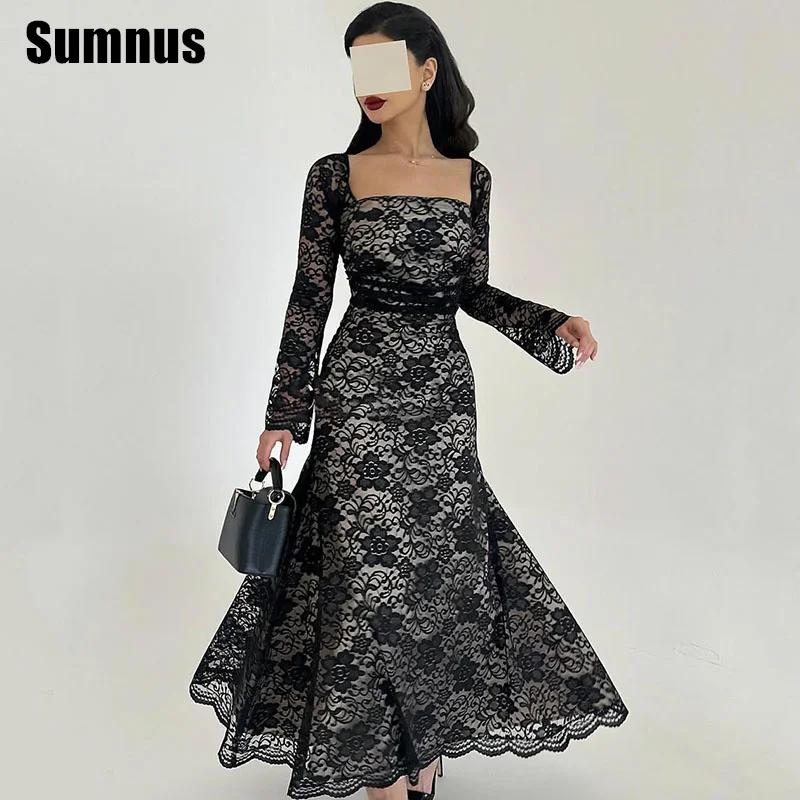 Sumnus Moderne Spitze-Meerjungfrau-Abschlussballkleider, quadratischer Kragen, lange Ärmel, knöchellange Abendkleider فسات Cosa •М •