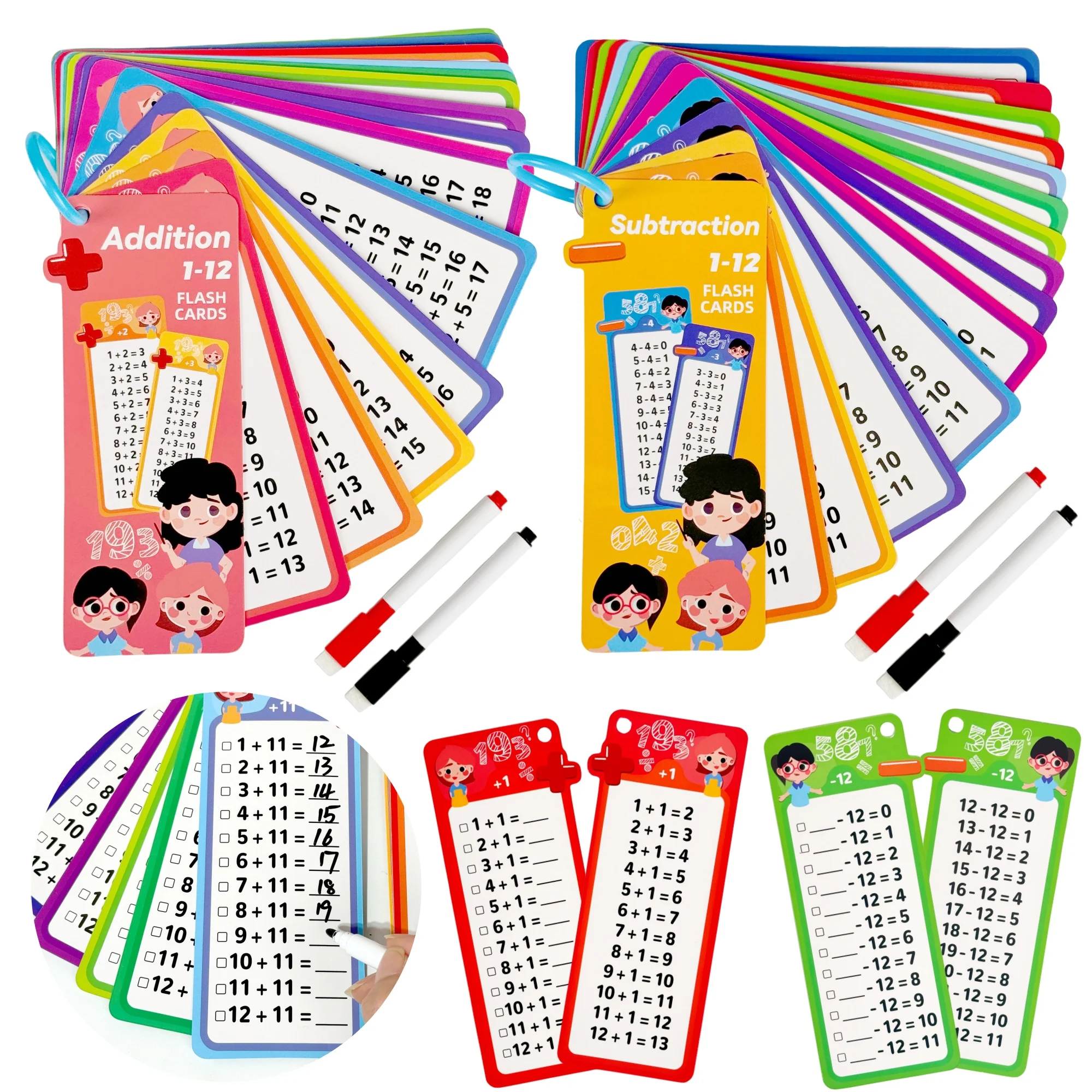 Schede flash per apprendimento digitale, addizione, sottrazione, moltiplicazione, divisione, frazioni, memoria della formula matematica, 15 carte, due giocattoli per l'apprendimento con penna cancellabile