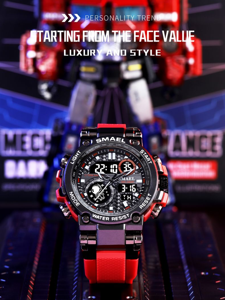スマエル8093スポーツウォッチ防水5barデュアルタイム男性用時計耐衝撃性目覚まし時計男性用腕時計