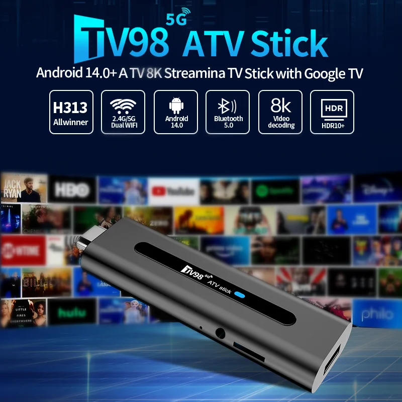 TV98 Mini TV Stick Android 14 TV Stick HDR Set Top Box 8K Video WiFi 2.4/5G Streaming Smart TV Box for Network Media Player