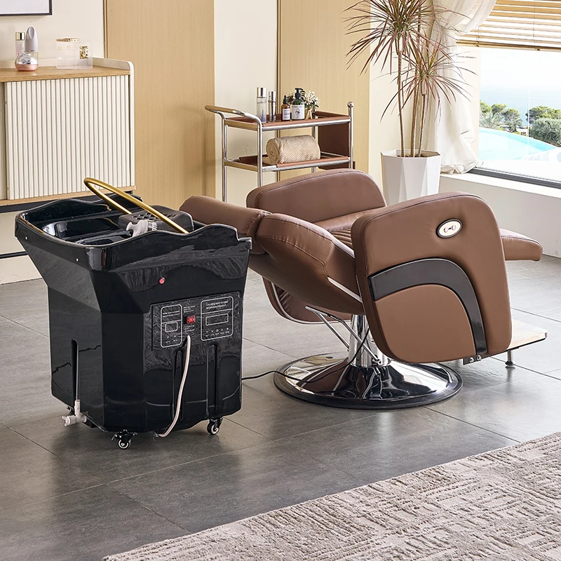 Letto Head Spa con serbatoio dell'acqua, sedia per shampoo mobile, lavabo nero. Bacino per shampoo portatile