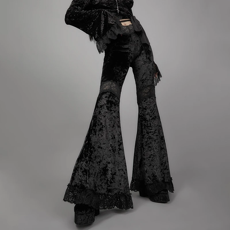 Y2K ゴシック黒ベルベットレースメッシュフレアパンツセクシーな原宿美的シースルーエモパンツヴィンテージ女性の夏のパンツストリート