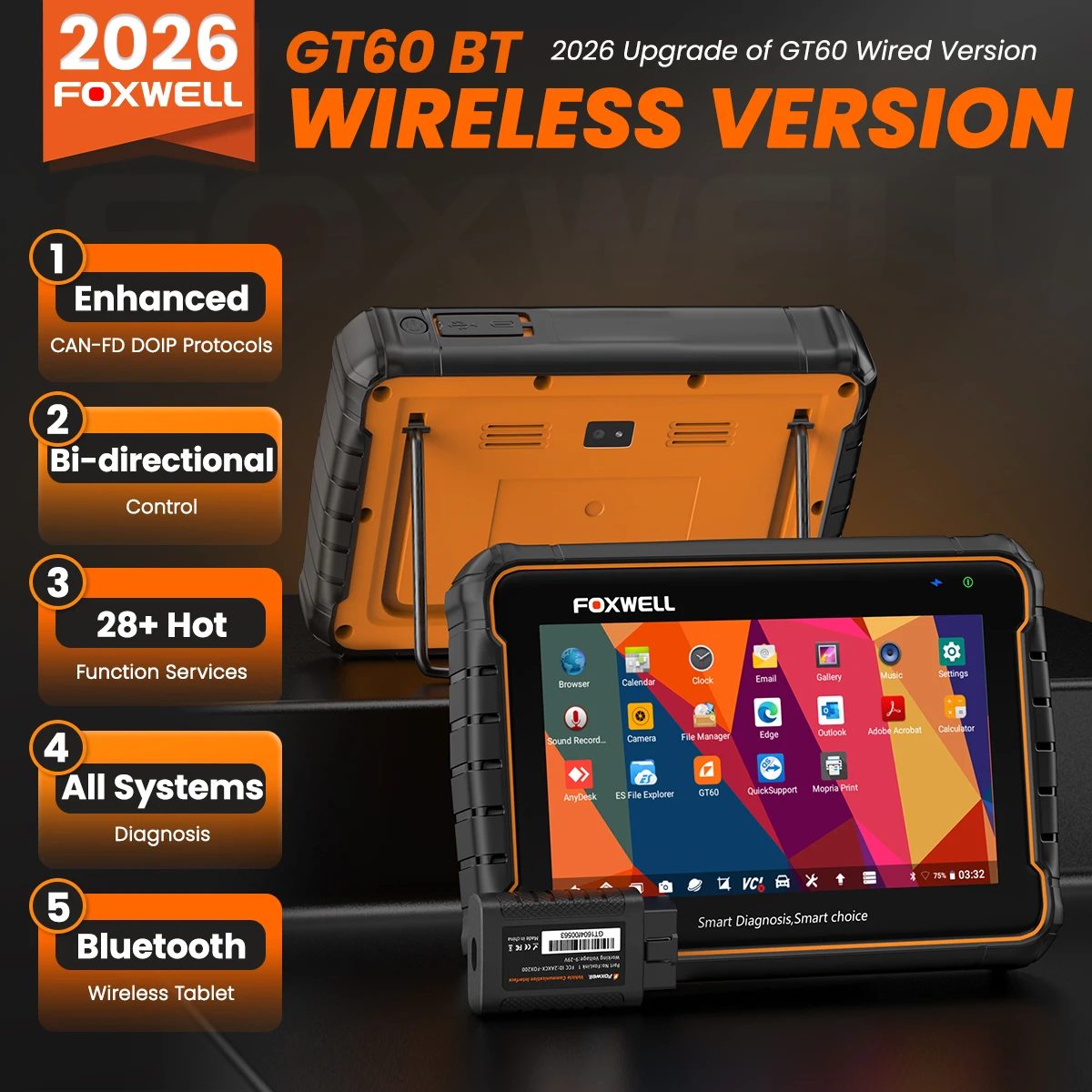 FOXWELL GT60 OBD2 Bluetooth Scanner automobile tous les systèmes 24 réinitialisation contrôle bidirectionnel professionnel OBD 2 Scanner automobile