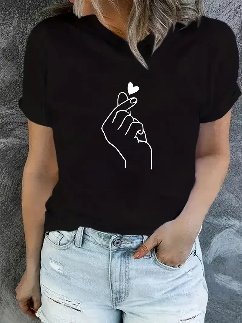 女性用ハートプリントTシャツ,半袖,クルーネック,カジュアルトップ,90年代の指,夏と春の衣類