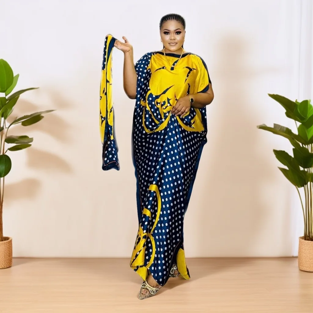 Vestido kaftan com gola redonda, vestido elegante com manga morcego e lenço, roupas femininas