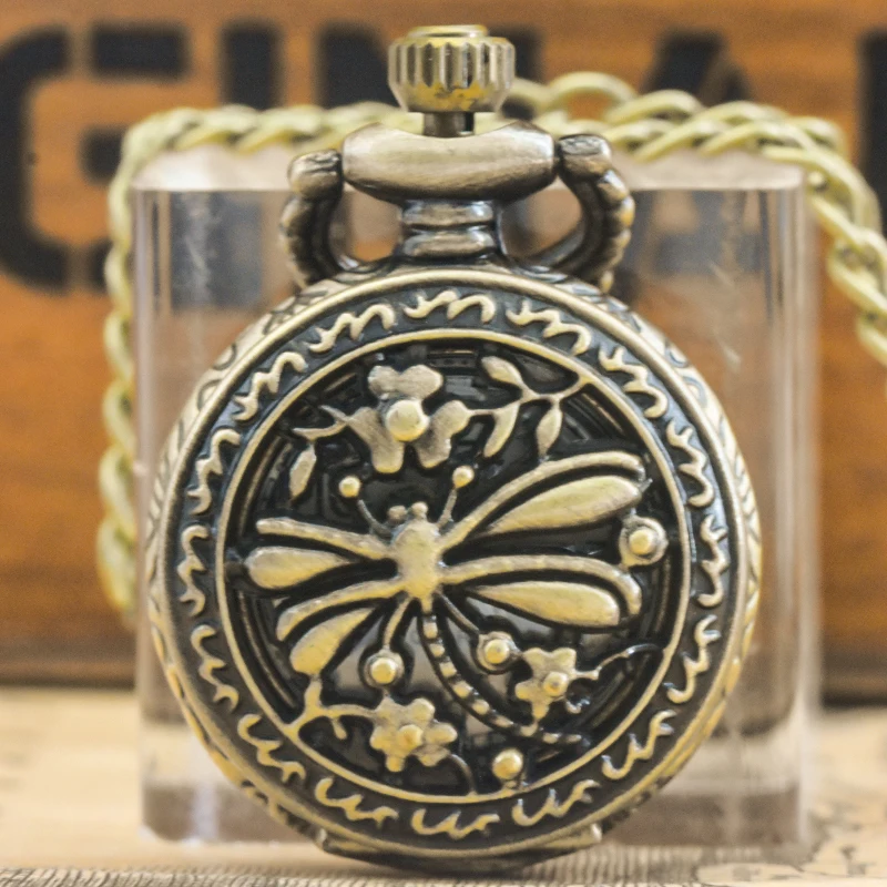 Kleine, Retro Bronze Steampunk Libelle gravierte kleine Quarz Taschenuhr Halskette Anhänger Uhr Kette Männer und Frauen Kette Geschenk