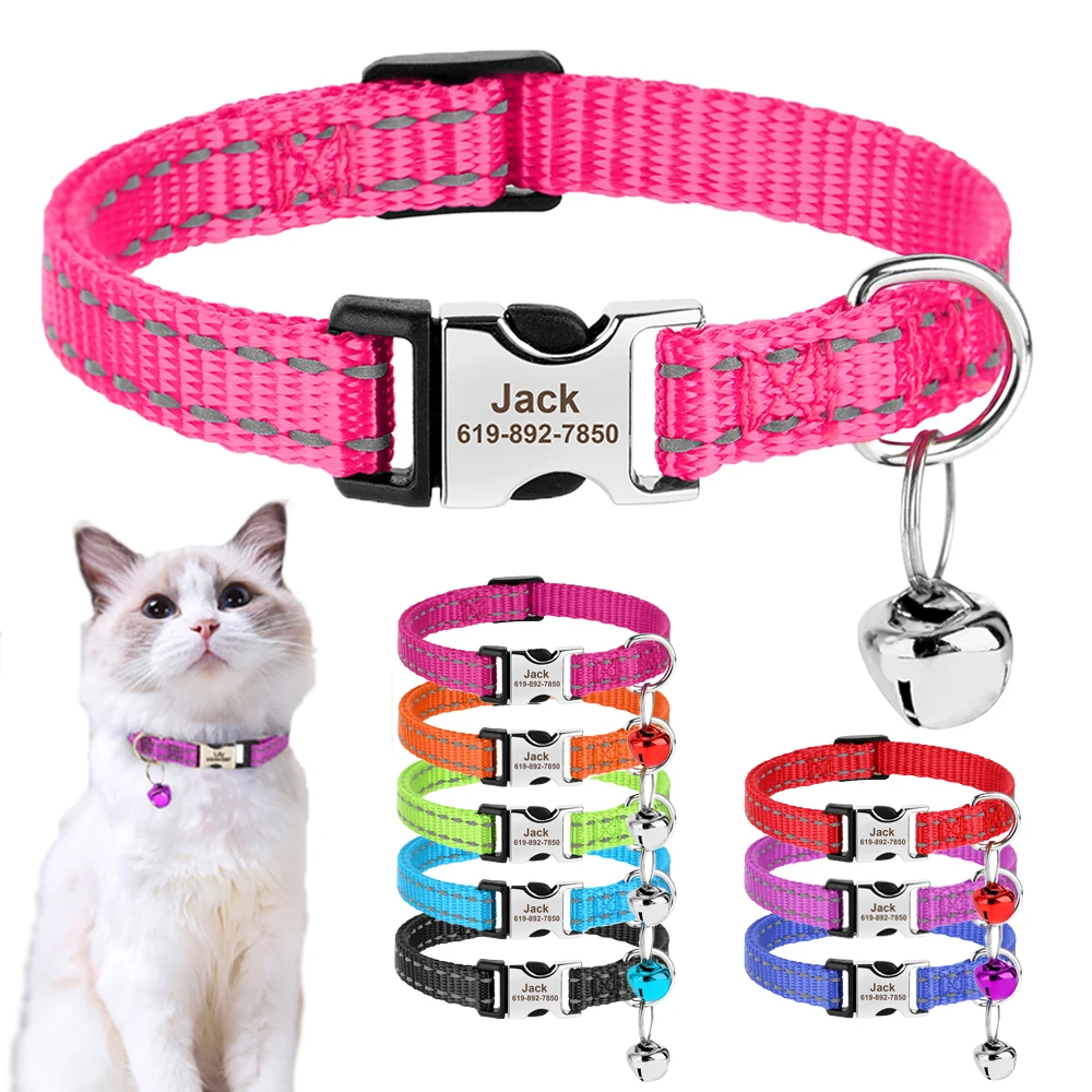 Collar de gato personalizado, collares reflectantes de nailon para identificación de perros y gatos con grabado sin campana para gatos, perros pequeños, Chihuahua, 10 colores