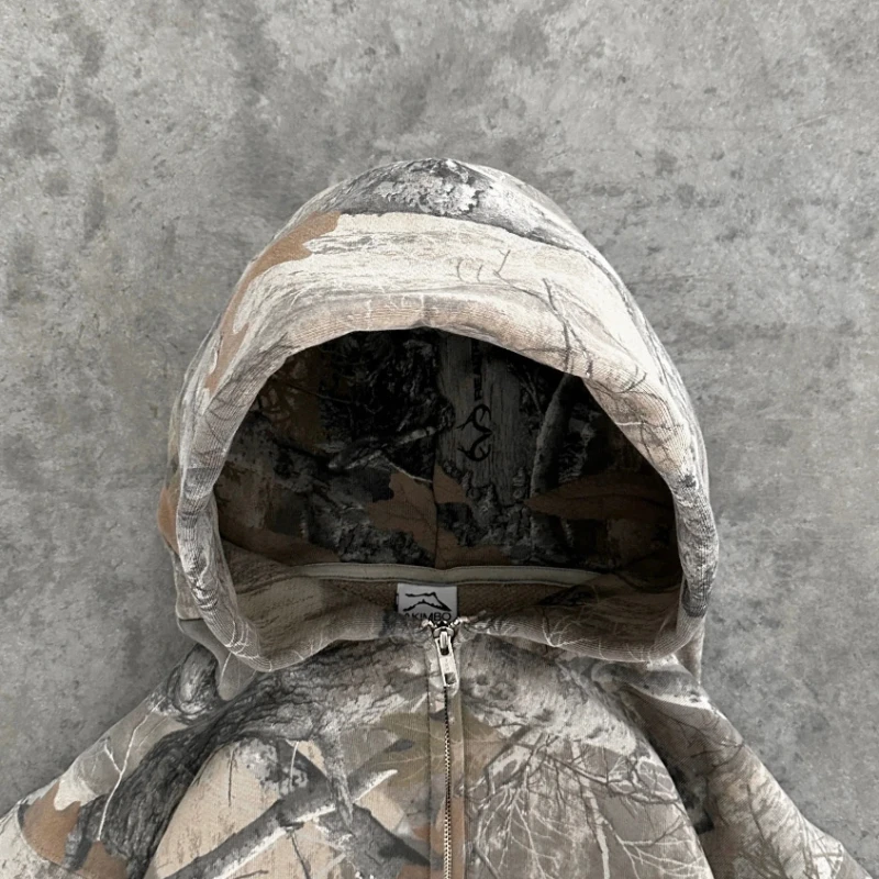 Sudadera con capucha Retro Y2K con cremallera para hombre, sudadera con estampado de camuflaje, ropa informal estilo Hip Hop, Sudadera con capucha de camuflaje Unisex de gran tamaño