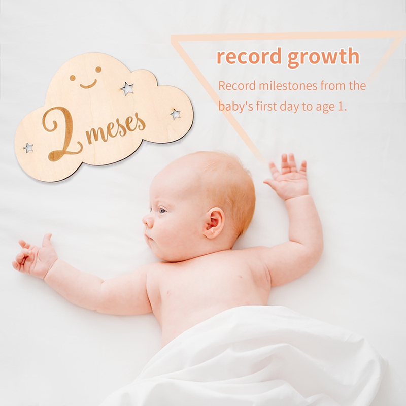 Spanish Alphabet Baby Wooden Milestone Number Month Memorial Cards Items Cute Cloud Shape Newborn Photography Accessories Props