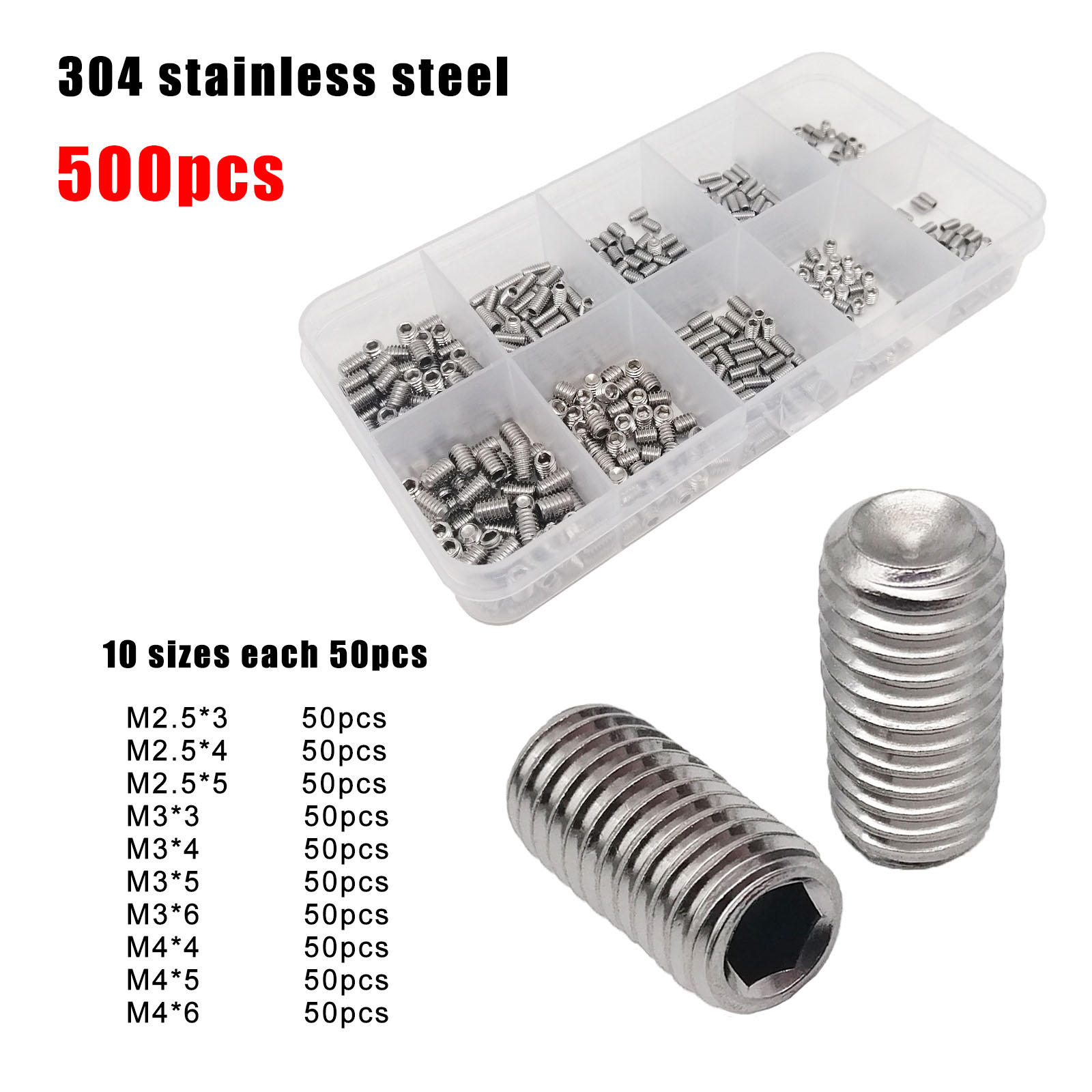 500/1500 pçs M2-M8 din916 aço preto 304 hexágono soquete allen copo ponto conjunto parafuso grub parafuso sortimento kit