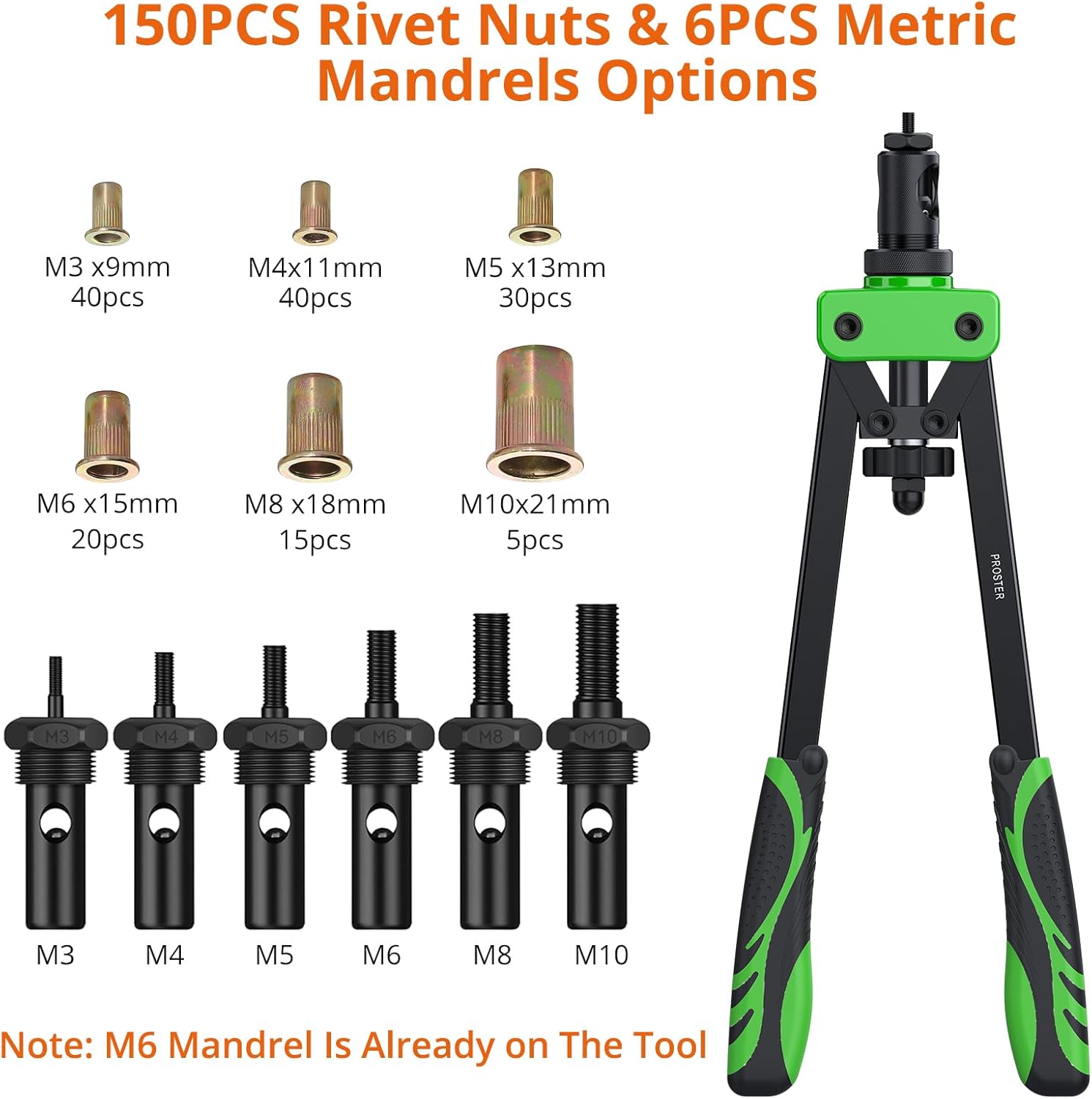 Proster 14" Riveteuse Pince à Rivets Professionnelle Pistolet à Écrous Robuste Sertir Kit Klinknagels met 6 Mandrins