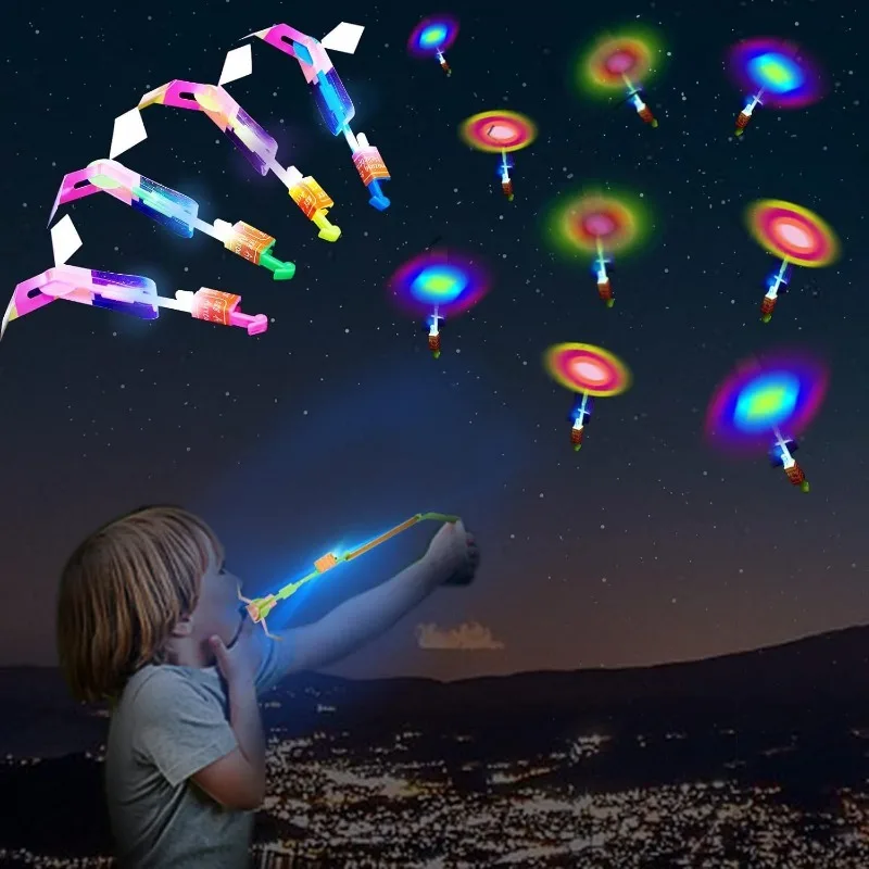 25 conjuntos de led voando conjunto 25 estilingue + 25 helicópteros brilhantes-50 pçs brinquedos voadores ao ar livre que brilham no escuro fontes de festa favores de festa