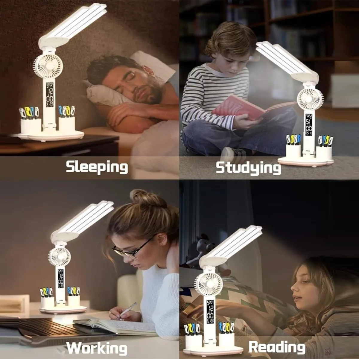 Candeeiro de mesa LED de 3 cores com ventilador e relógio Quatro cabeças dobrável com carregamento USB Lâmpada de mesa multifuncional para leitura luz noturna