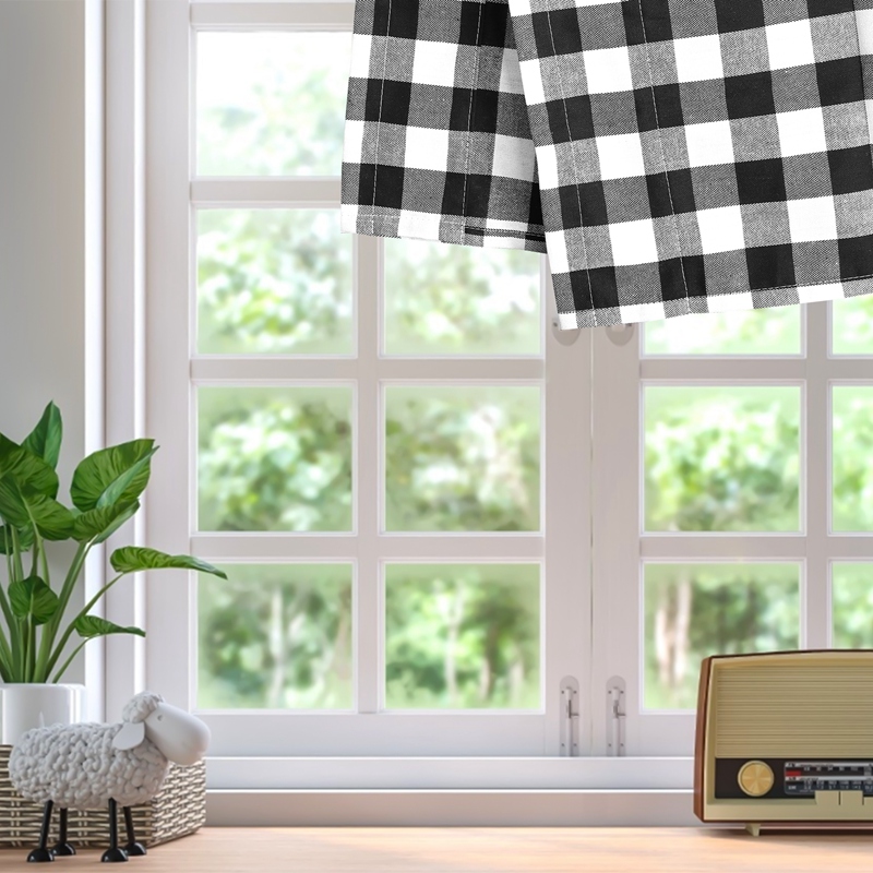 Buffalo Xadrez Valances para cozinha, Farmhouse Check, Janela Tratamento Decor, preto e branco